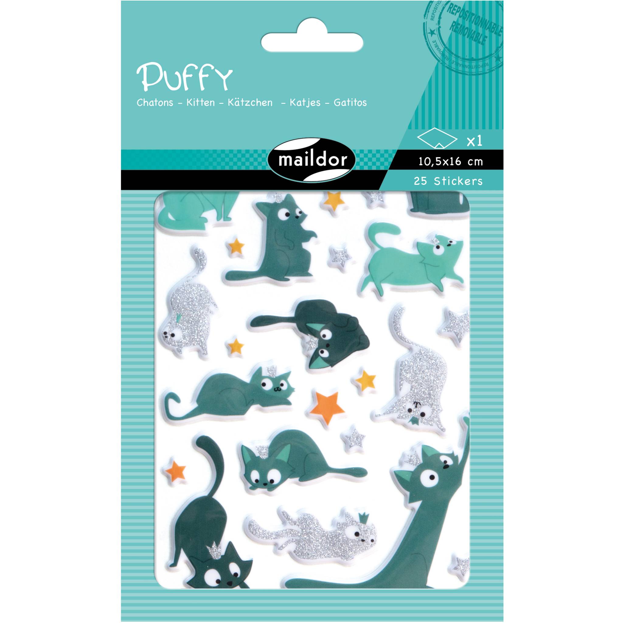 Maildor 10x Puffy, 1 Stickerbogen 10,5x16cm, Kätzchen - Mehrfarbig AE153C