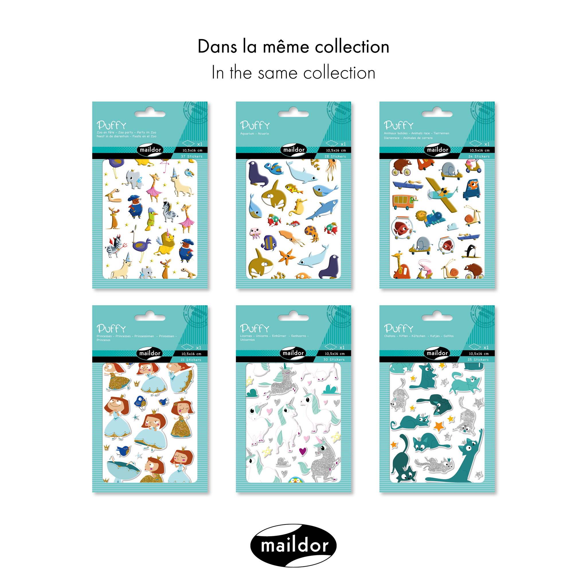 Maildor 10x Puffy, 1 Stickerbogen 10,5x16cm, Einhörner - Mehrfarbig AE152C