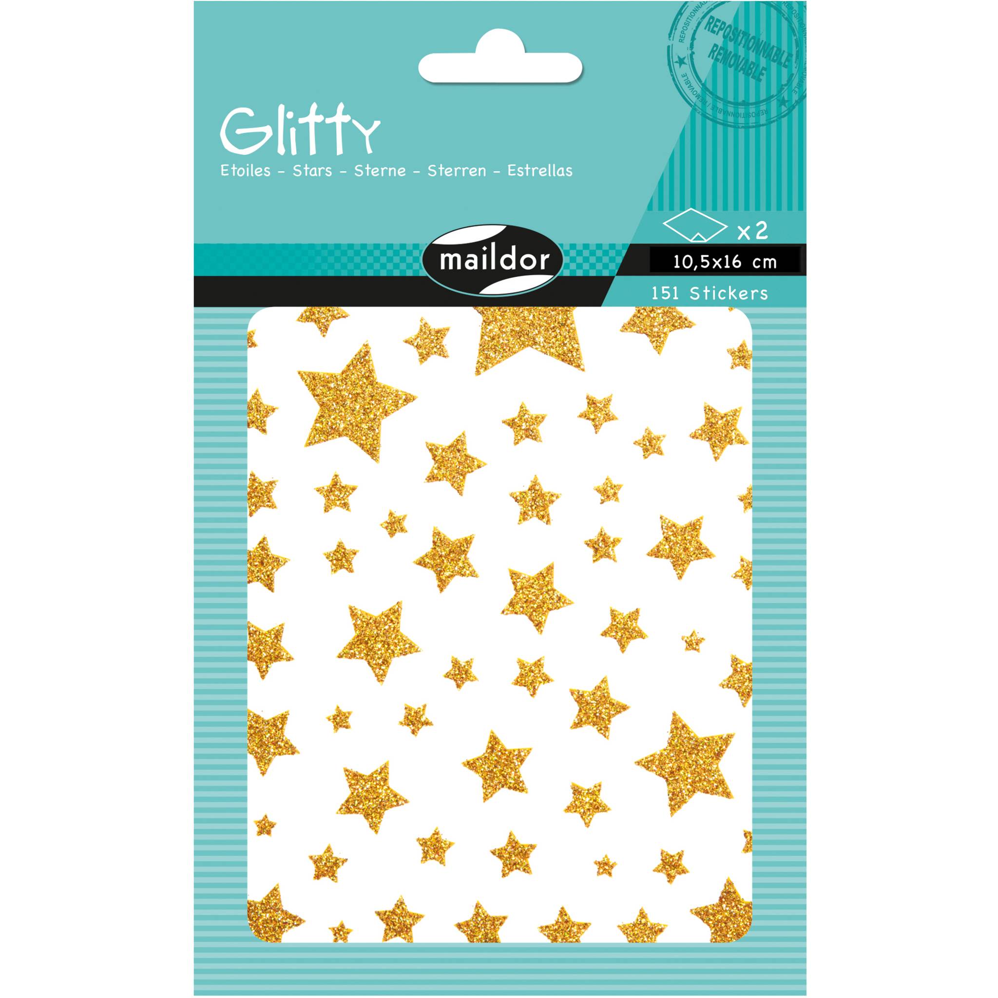 Maildor 10x Glitty, 2 Stickerbogen 10,5x16cm, Sterne, Zartrosa und Gold AE150C