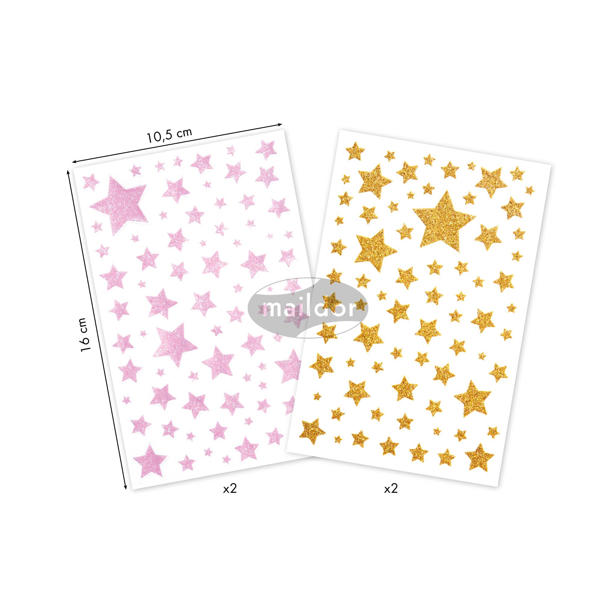 Maildor 10x Glitty, 2 Stickerbogen 10,5x16cm, Sterne, Zartrosa und Gold AE150C