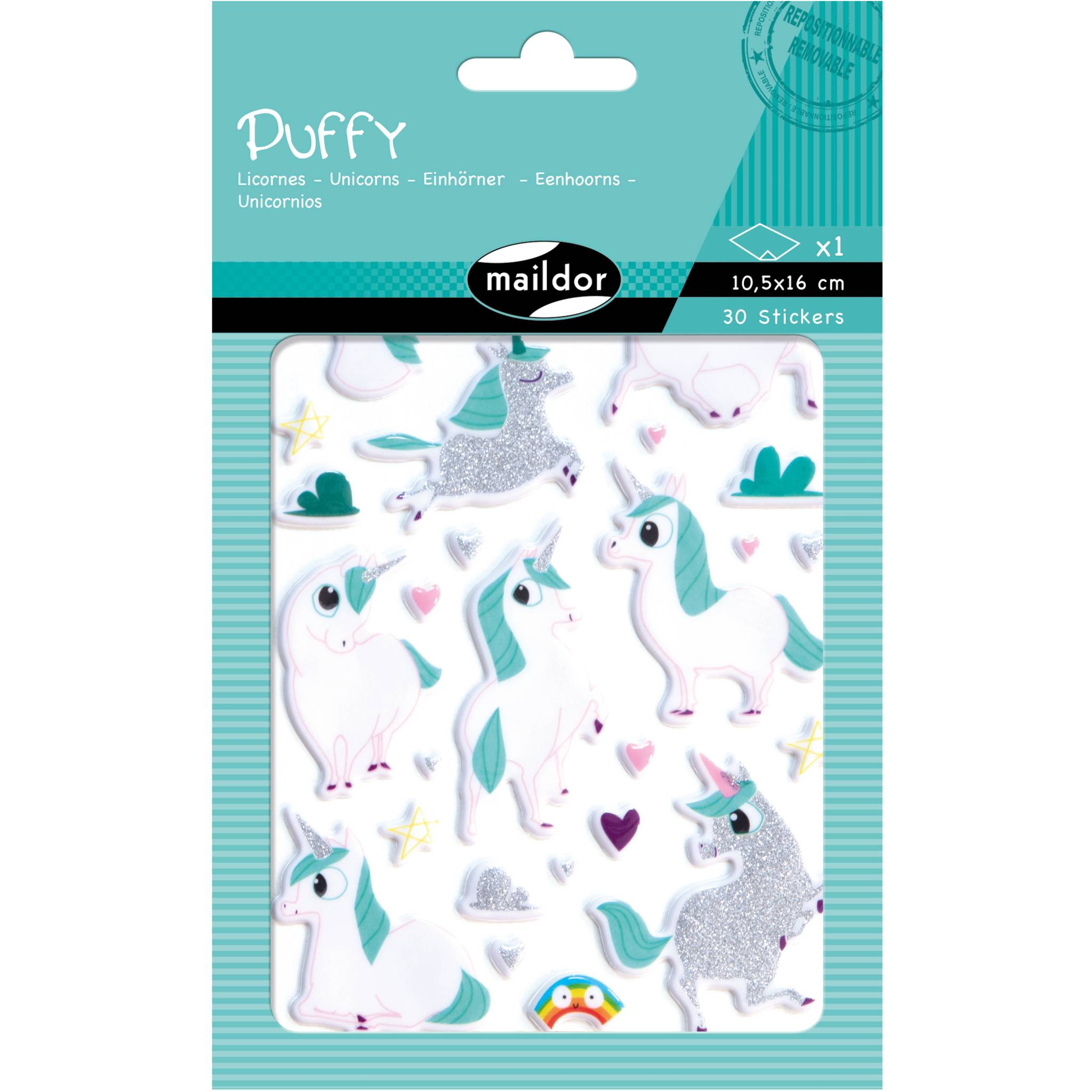 Maildor 10x Puffy, 1 Stickerbogen 10,5x16cm, Einhörner - Mehrfarbig AE152C