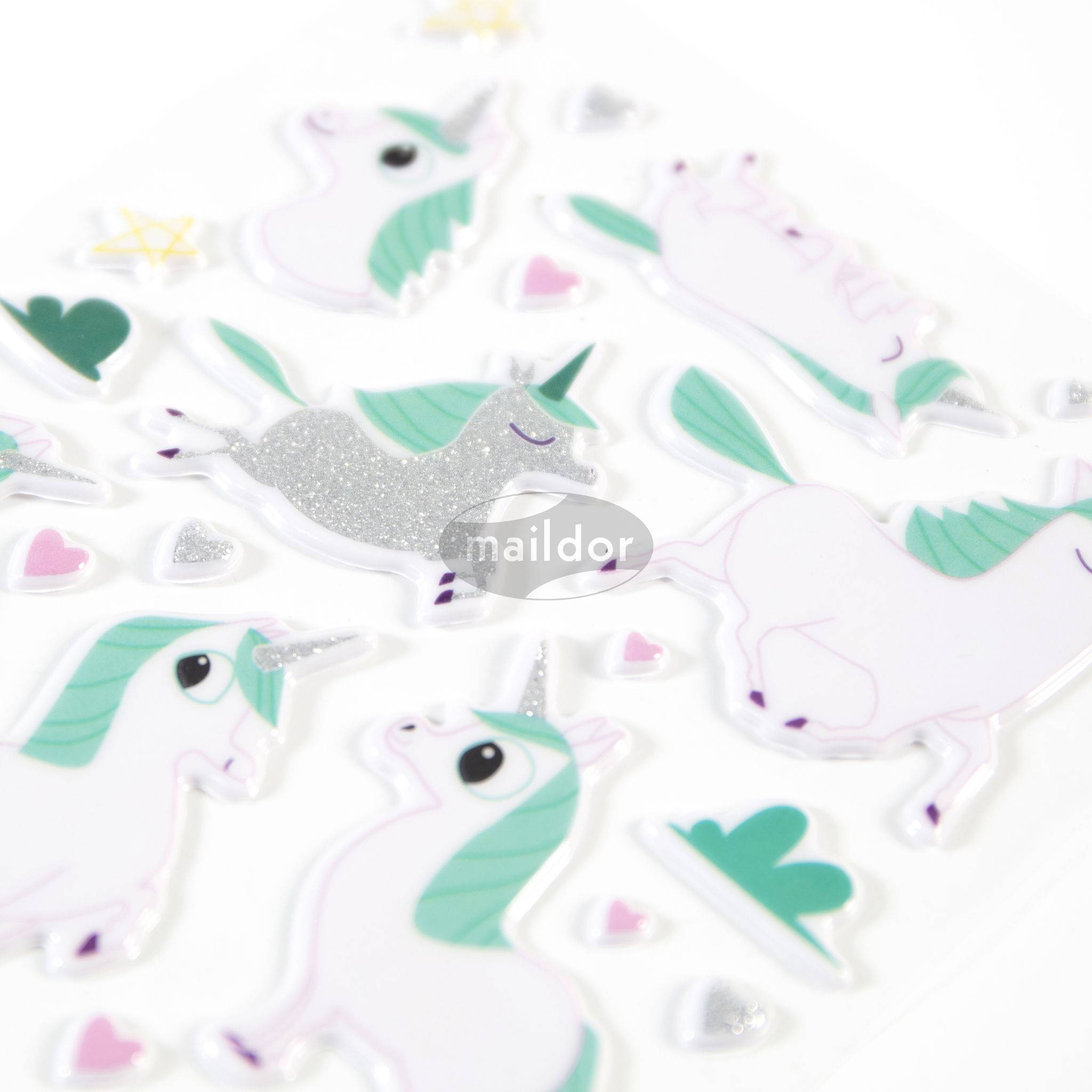 Maildor 10x Puffy, 1 Stickerbogen 10,5x16cm, Einhörner - Mehrfarbig AE152C