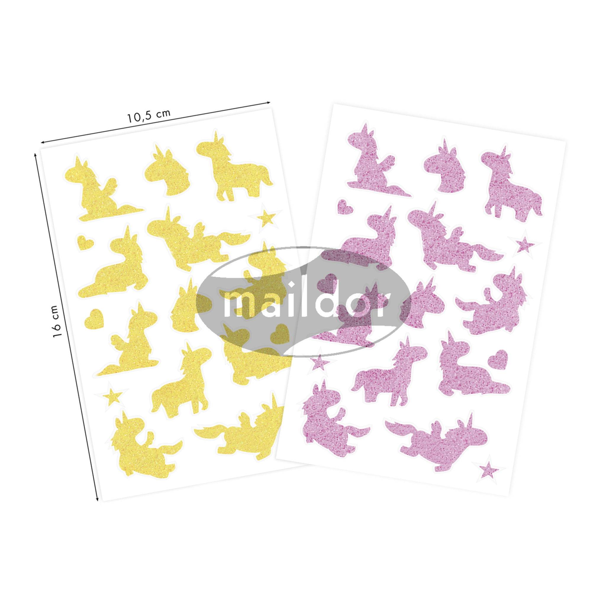 Maildor 10x Glitty, 2 Stickerbogen 10,5x16cm, Einhörner, Gelb und Rosa AE218C