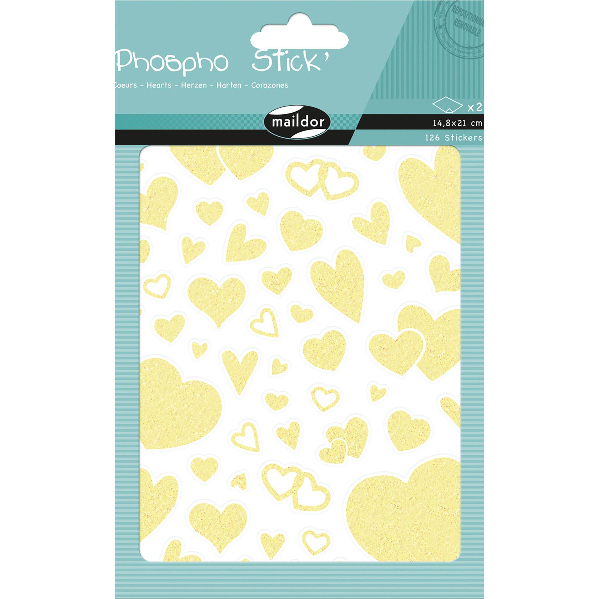Maildor 10x Phospho' Stick, 2 Stickerbogen 14,8x21cm, Herzen - Neongelb AE216C