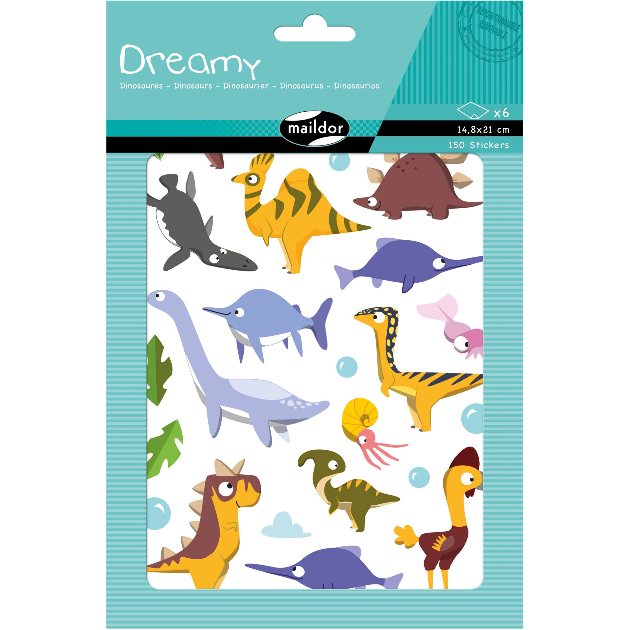 Maildor 10x Dreamy, 6 Stickerbogen 14,8x21cm, Dinosaurier - Mehrfarbig AE205C