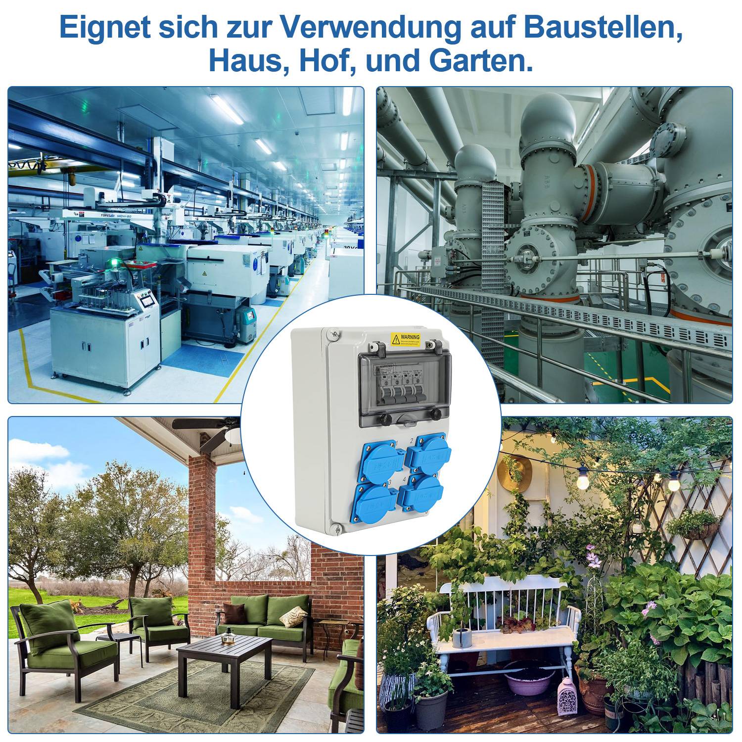 Wandverteiler mit Leitungsschutzschalter, Stromverteiler 16A Baustromverteiler 4xSchuko und CEE-Steckdose Steckdosen mit DC-Schutzschalter Außen