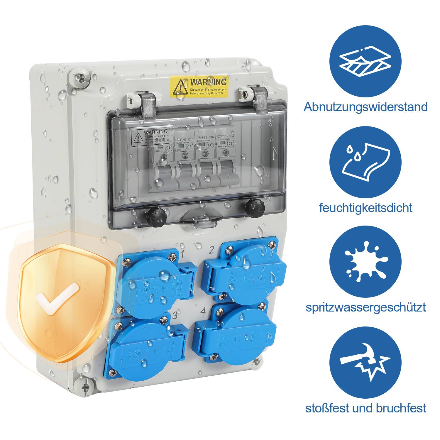Wandverteiler mit Leitungsschutzschalter, Stromverteiler 16A Baustromverteiler 4xSchuko und CEE-Steckdose Steckdosen mit DC-Schutzschalter Außen