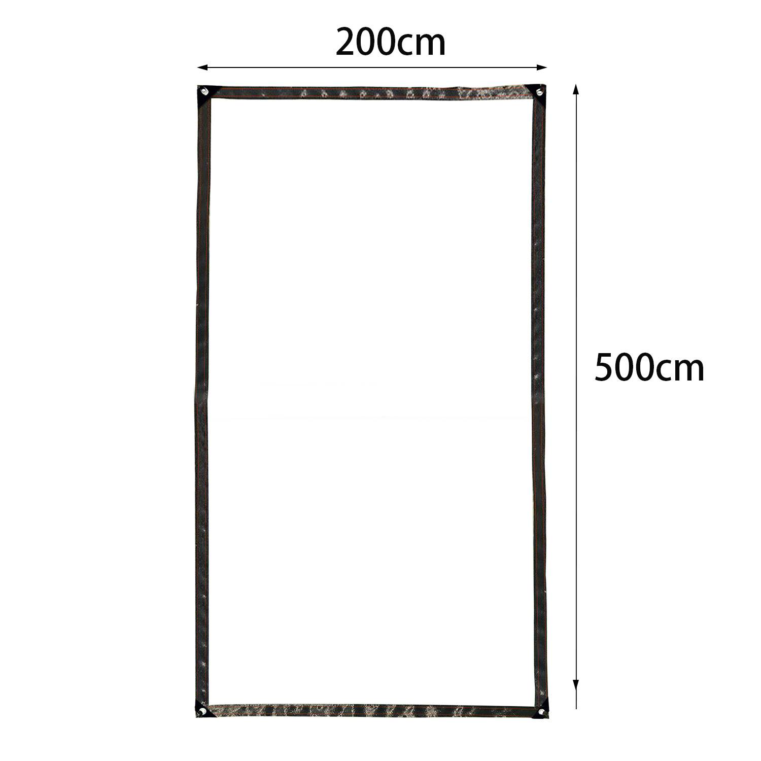 Schwarzer rechteckiger Rahmen oder Banner mit einer Breite von 200 cm und einer Höhe von 500 cm auf weißem Hintergrund.