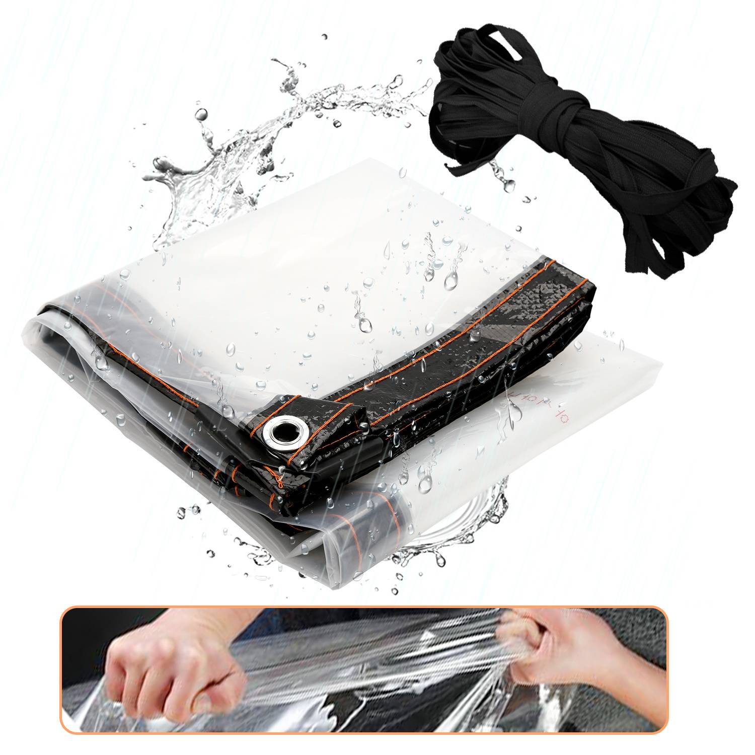 Wasserdichtes schwarz-graues aufgerolltes Tarp oder Matte, die mit einem schwarzen Riemen gebunden ist, gezeigt mit Wasser, das darüber spritzt, und Händen, die klare Plastikfolie darunter dehnen.