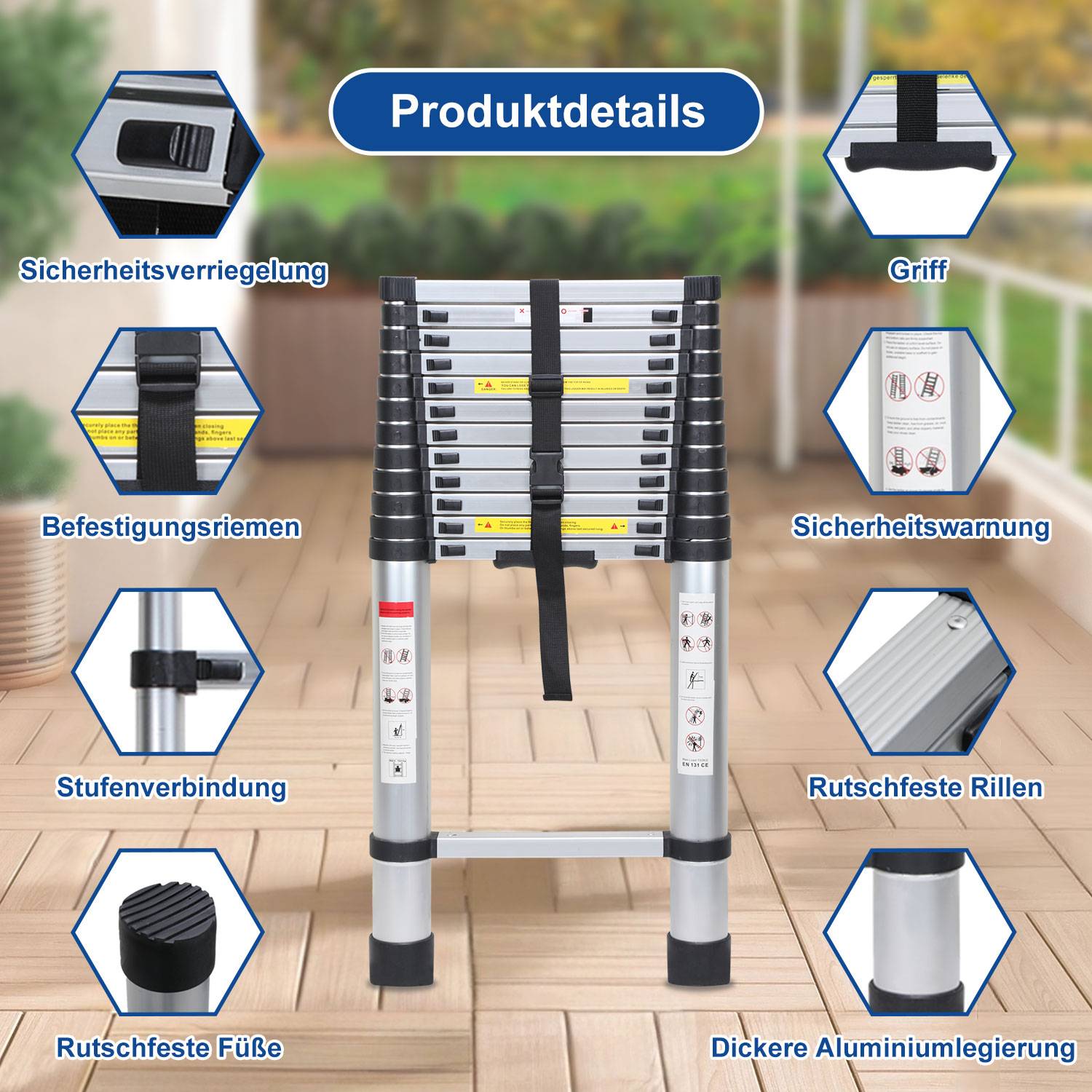 Teleskopleiter 5m bis 150kg 13 Schritte Aluminium Silber Stehleiter Mehrzweckleiter