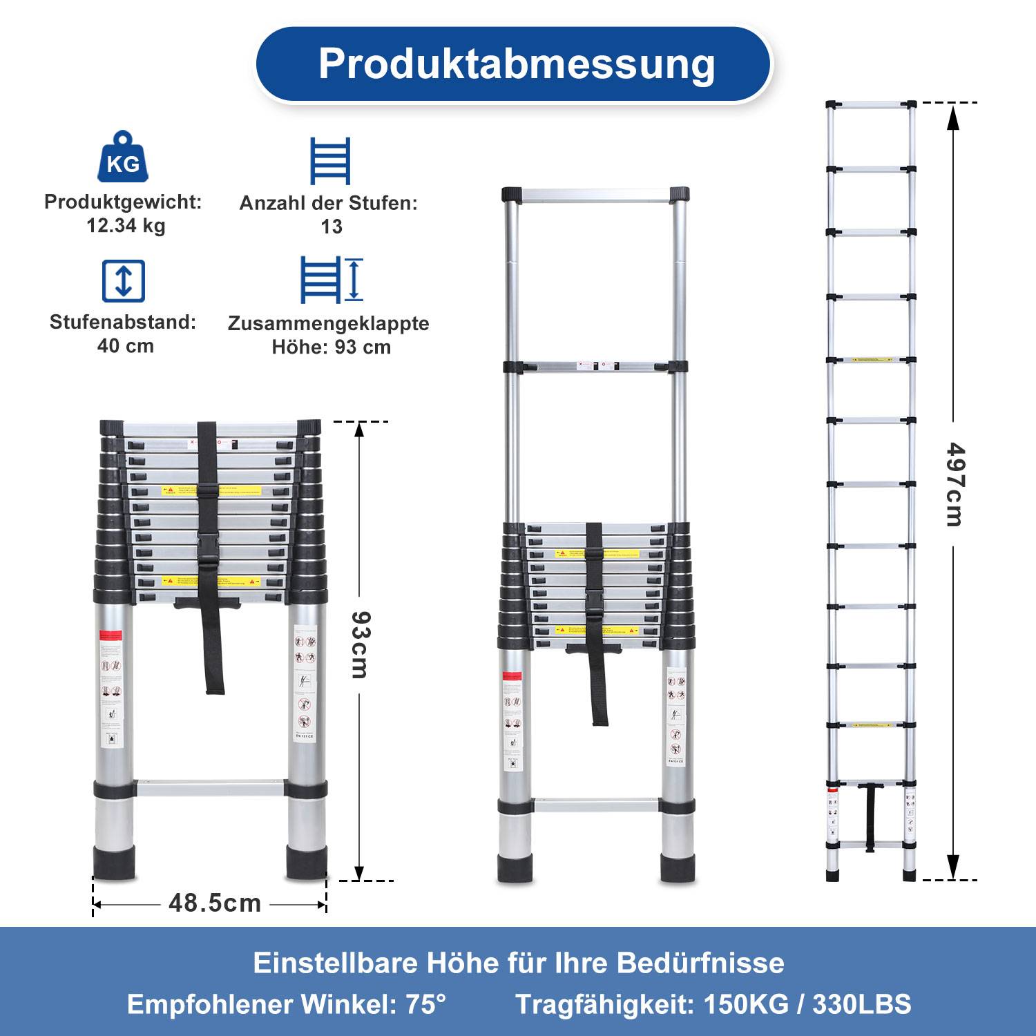 5m Silber Teleskopleiter Aluleiter Stehleiter Anlegeleiter Mehrzweckleiter Klappleiter