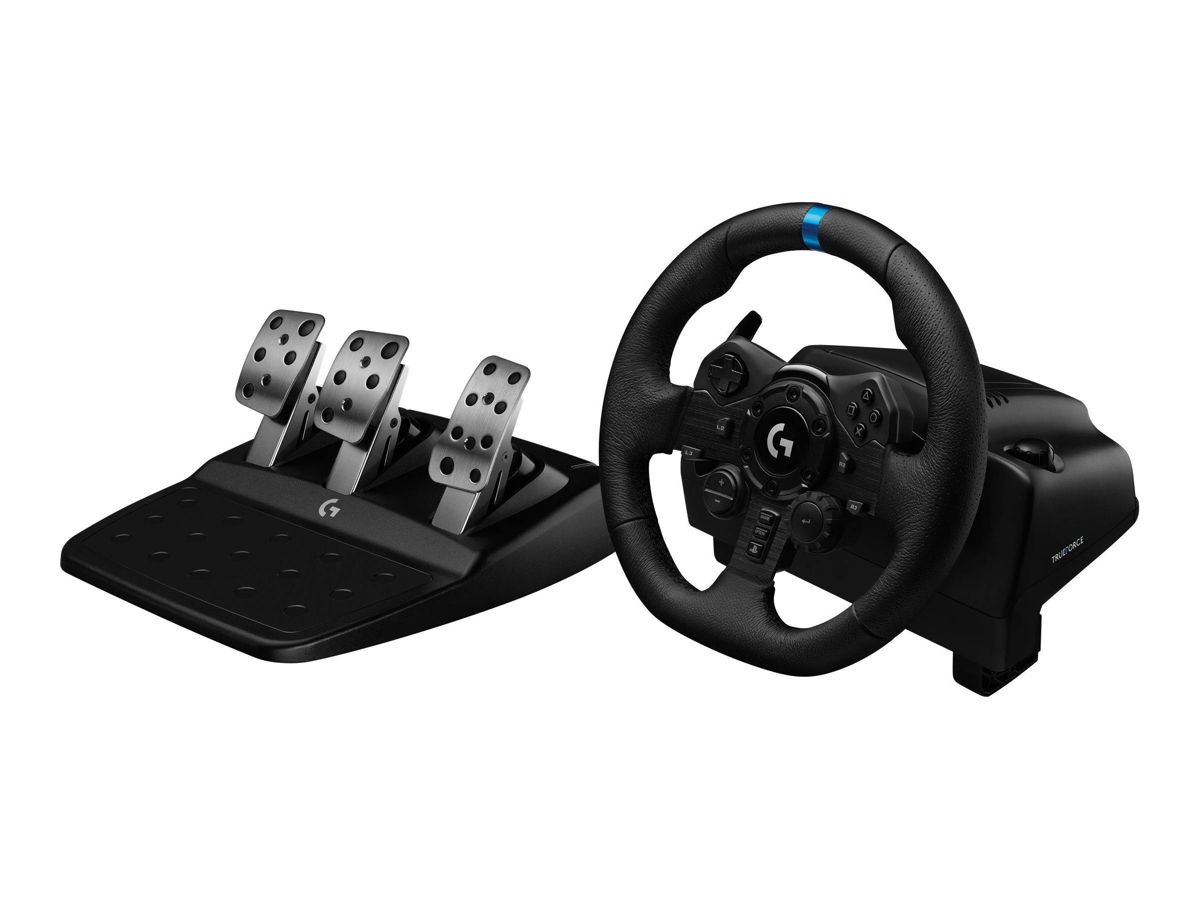 Ein schwarzes Gaming-Lenkrad und Pedalset für Rennsimulatoren, ausgestattet mit einem Drei-Pedal-Setup und verschiedenen Steuerungstasten am Lenkrad.