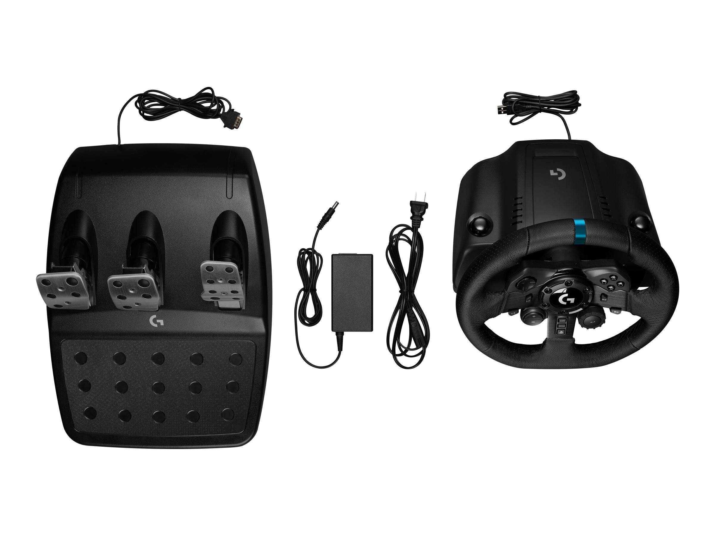 Schwarzes Gaming-Lenkrad und Drei-Pedal-Rennrad-Controller mit USB-Stromadapter und Kabeln auf weißem Hintergrund.