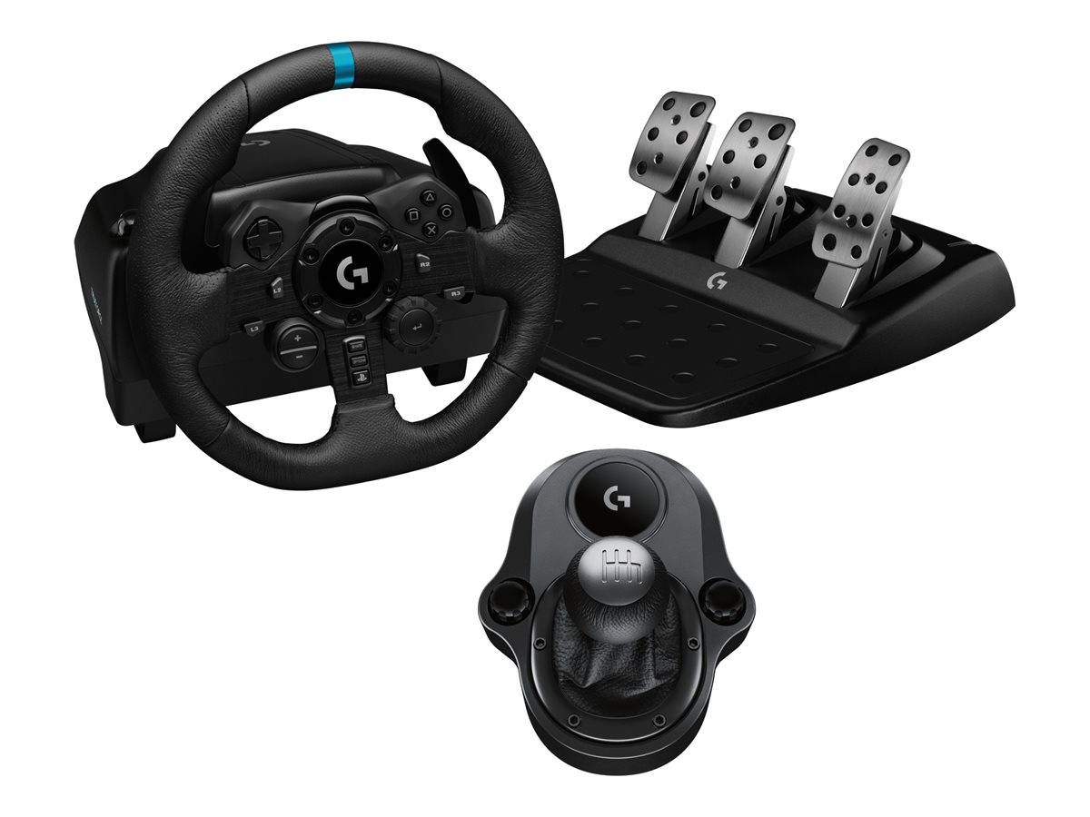 Gaming-Lenkrad, Pedalset und Schaltregler für ein Rennfahrsimulator-Setup auf weißem Hintergrund.
