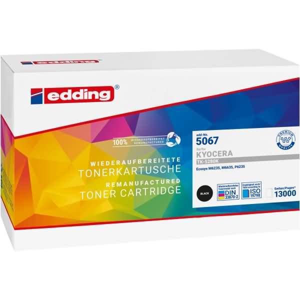 Edding nachgefertigte Tonerkassette für Kyocera-Drucker, Modell 5067, mit farbenfrohem geometrischem Verpackungsdesign und Kapazitätsetikett 13000 Seiten.