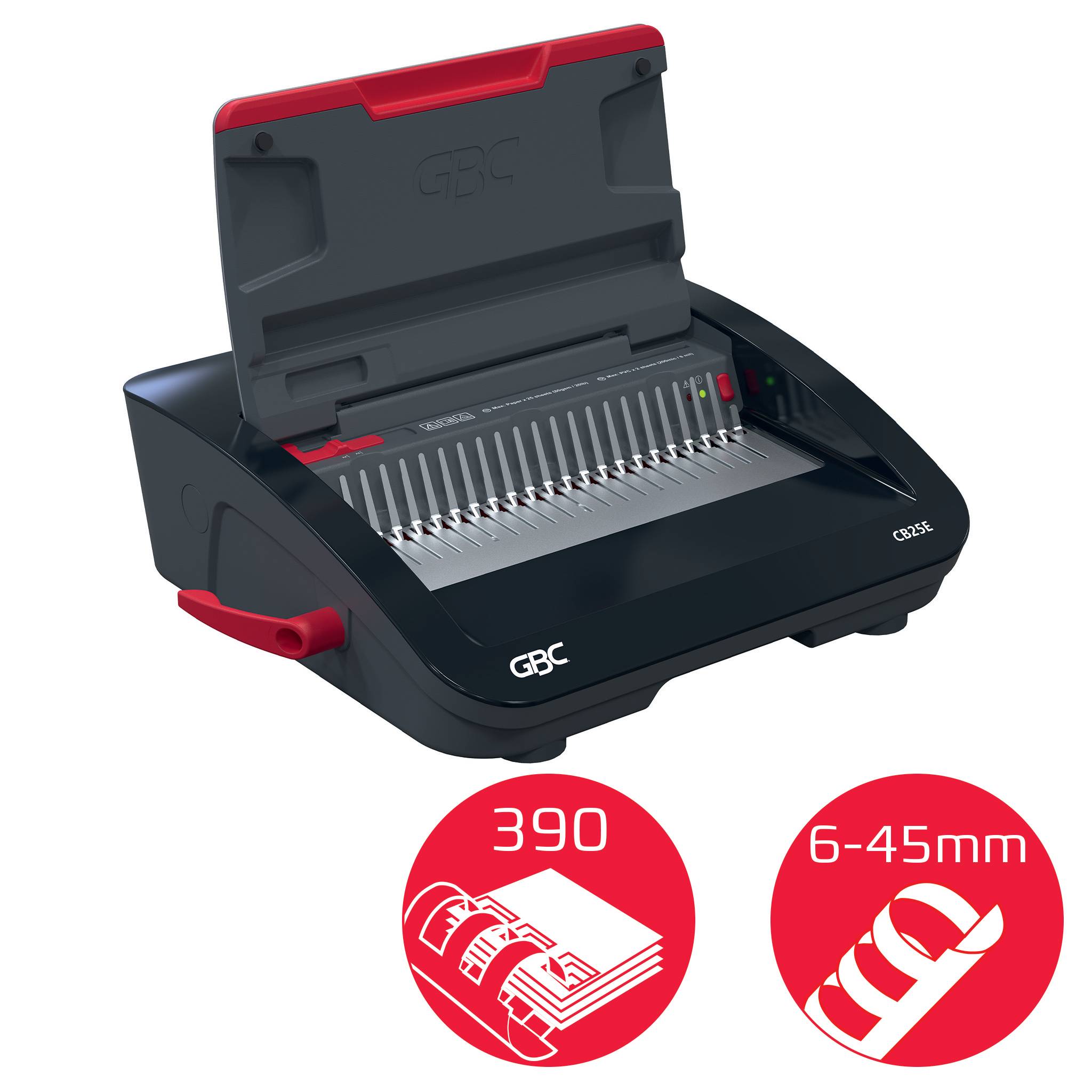 GBC-Spiralbindemaschine mit offenenem Deckel; Symbole zeigen eine Kapazität von 390 Blättern und eine Kammgröße von 6-45 mm.