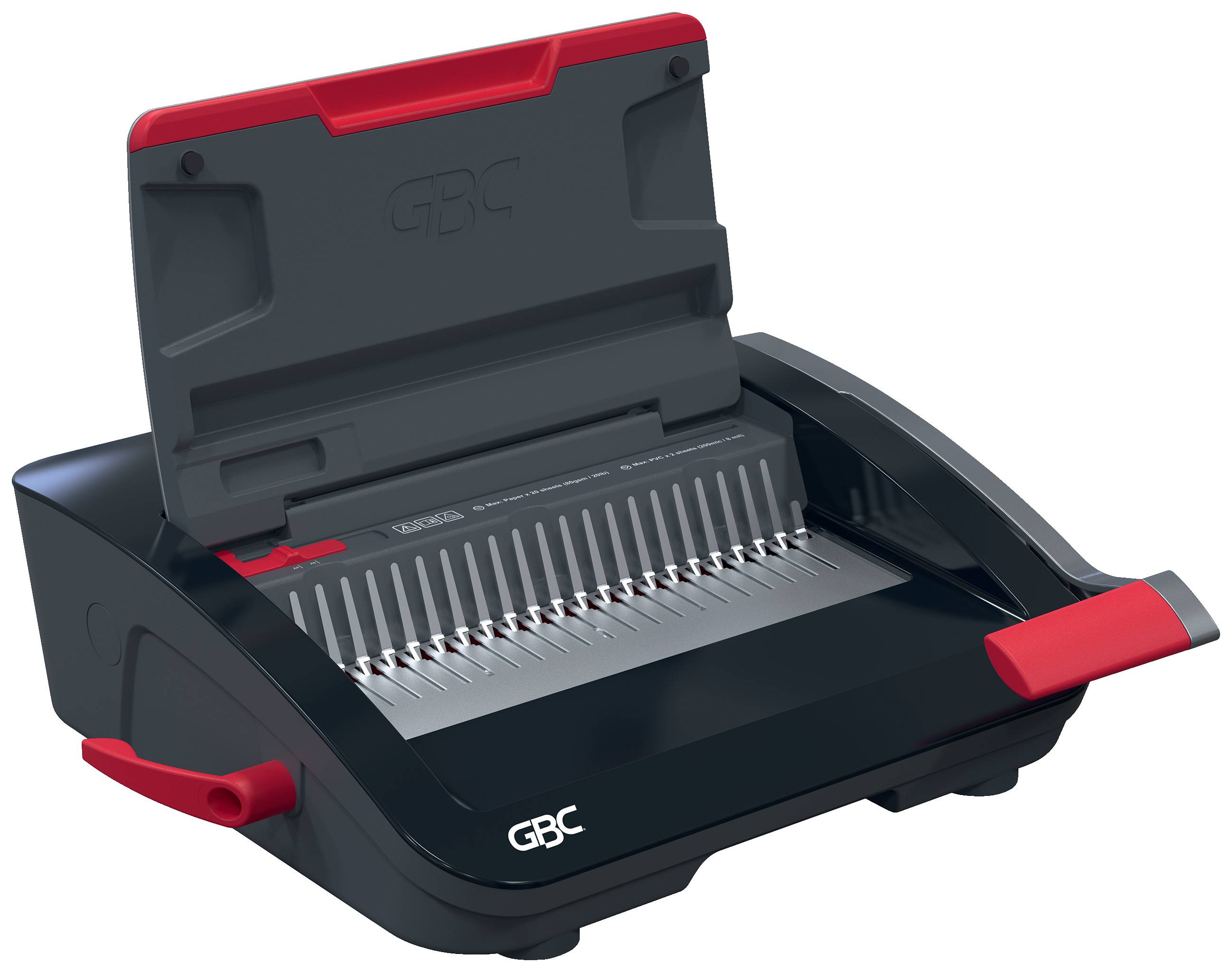 Schwarze und rote GBC-Kammbindemaschine mit offener Abdeckung und sichtbaren Kammschlitzen, dargestellt vor einem einfachen Hintergrund