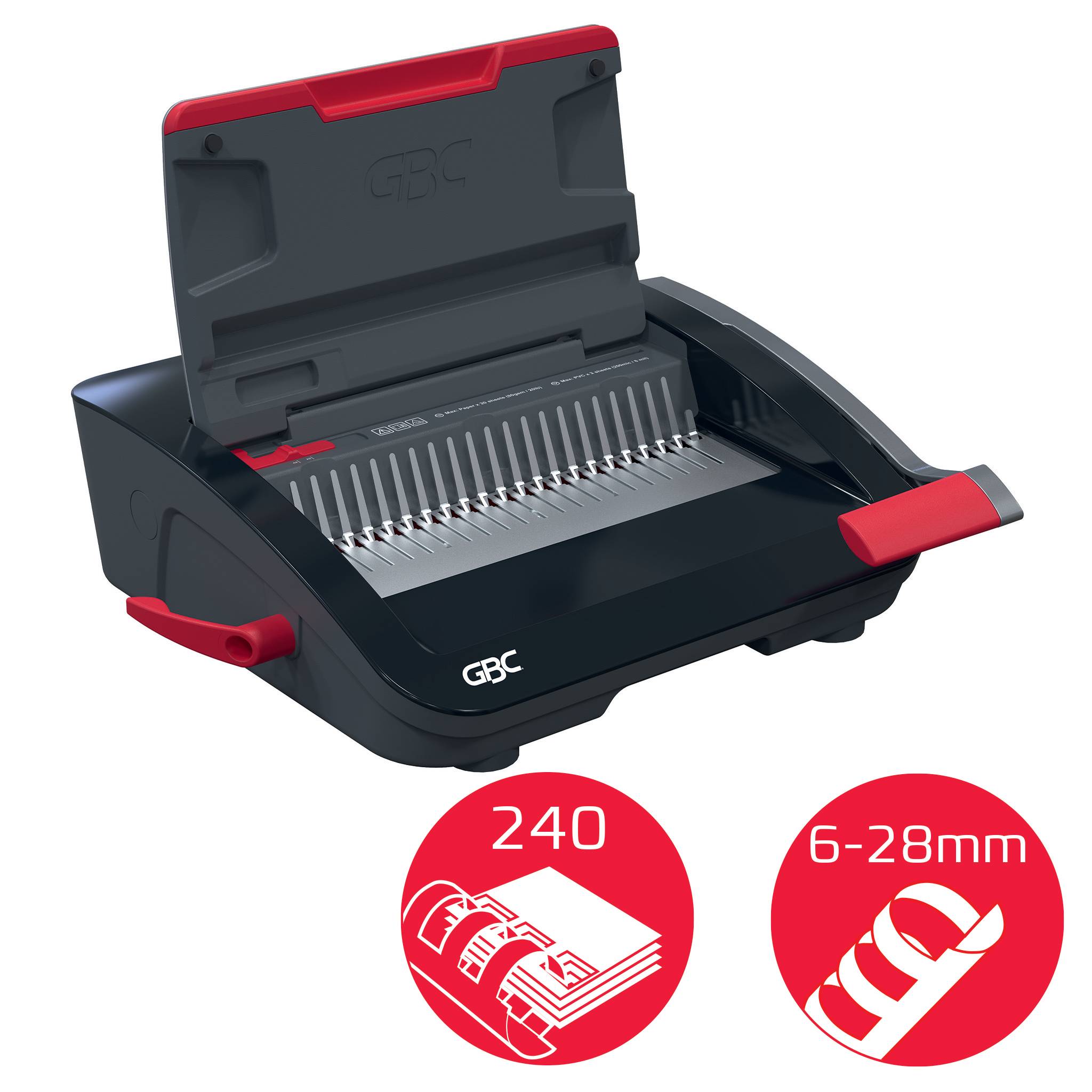 Produktbild einer GBC-Spiralbindemaschine mit geöffnetem Deckel und zwei roten Symbolen, die eine Kapazität von 240 Blättern und Spiralbindegrößen von 6-28 mm anzeigen.