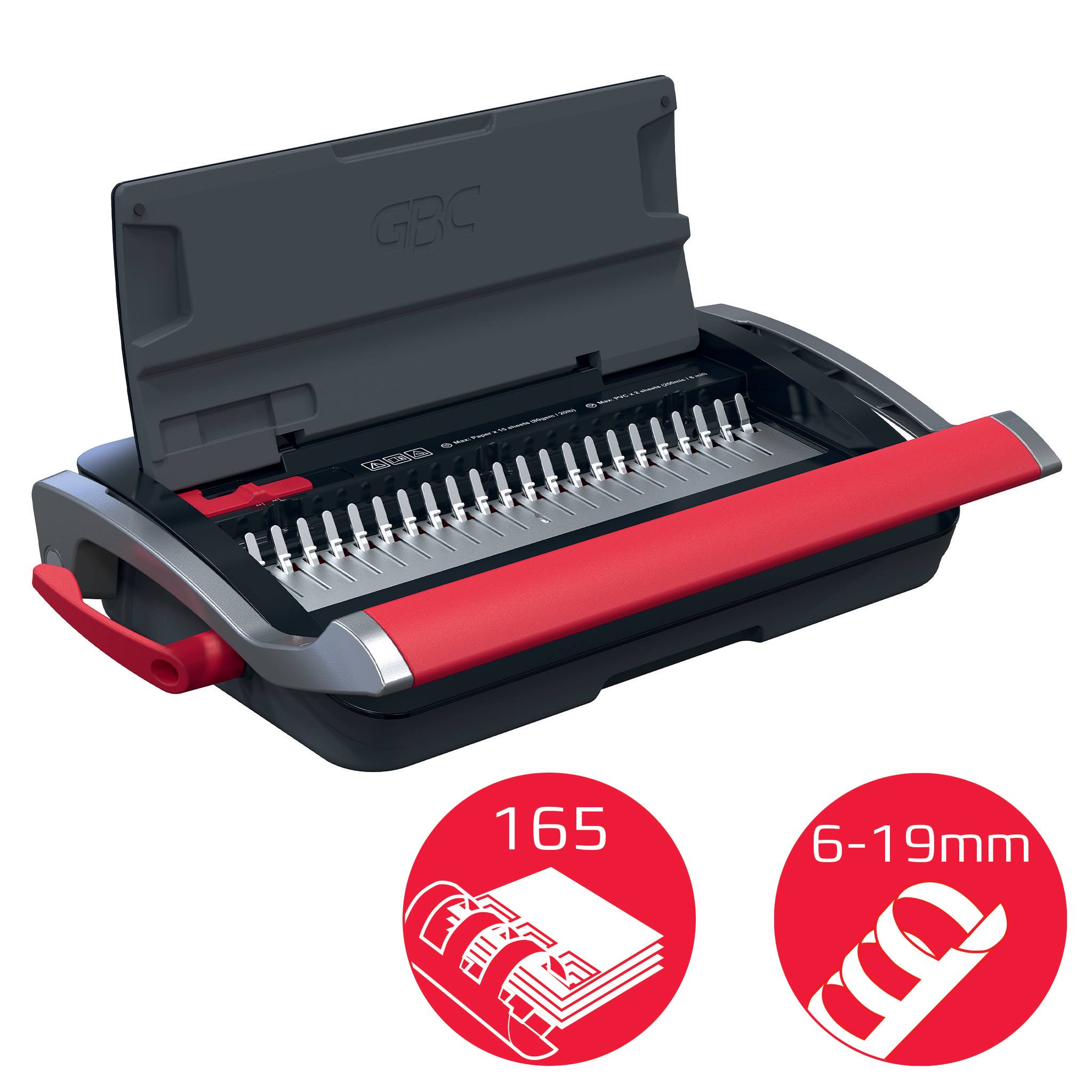 GBC-Spiralbindemaschine mit offener Abdeckung und rotem Griff, plus Symbolen, die eine Kapazität von 165 Blättern und Spiralgrößen von 6–19 mm anzeigen.