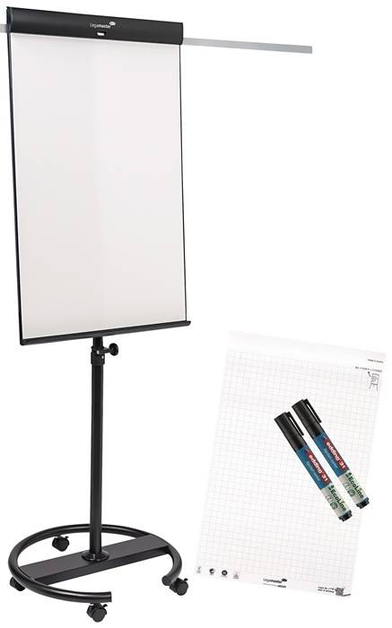 Mobiler Flipchart-Präsentationsständer mit leerem weißem Blatt und einer Seitenansicht von Millimeterpapier mit zwei Markern.