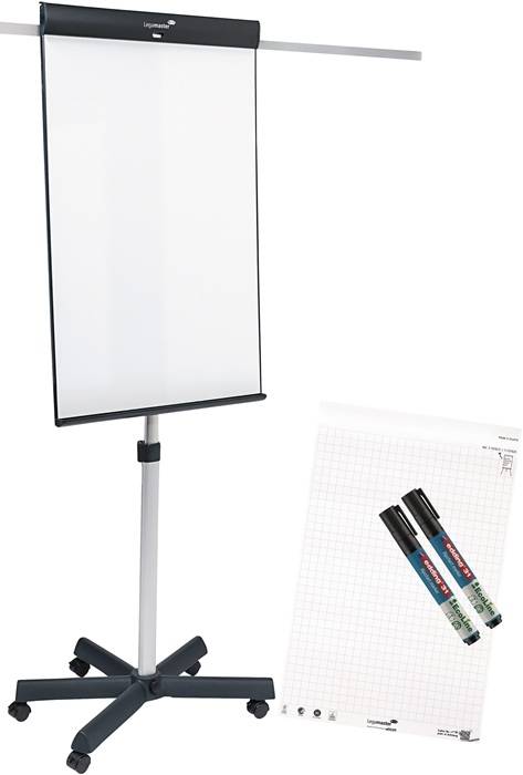 Mobiles Whiteboard auf Rollen mit leerem weißem Oberflächenbelag, dazu ein Block mit Millimeterpapier und drei Marker.