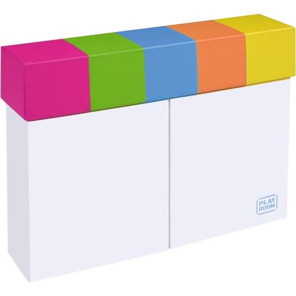 Farbenfrohe rechteckige Aufbewahrungsbox mit magenta-, grün-, blau-, orange- und gelben Deckelblöcken und weißen Seitenwänden, gekennzeichnet mit „SPIELZIMMER