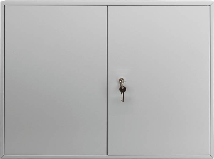 Grauer Metallschrank mit Doppeltür mit einem Schlüssel im Schloss der rechten Tür.