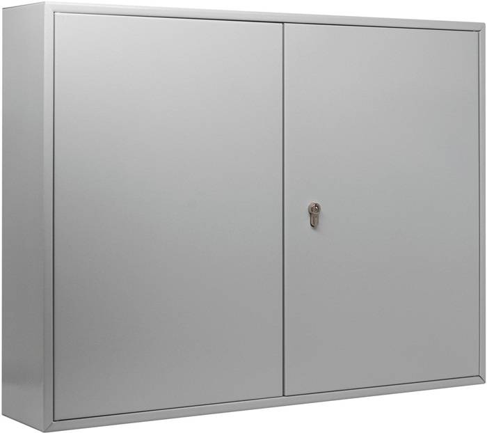Grauer Metallschrank mit zwei vorderen Türen, eine durch einen Schlüsselverschluss gesichert.