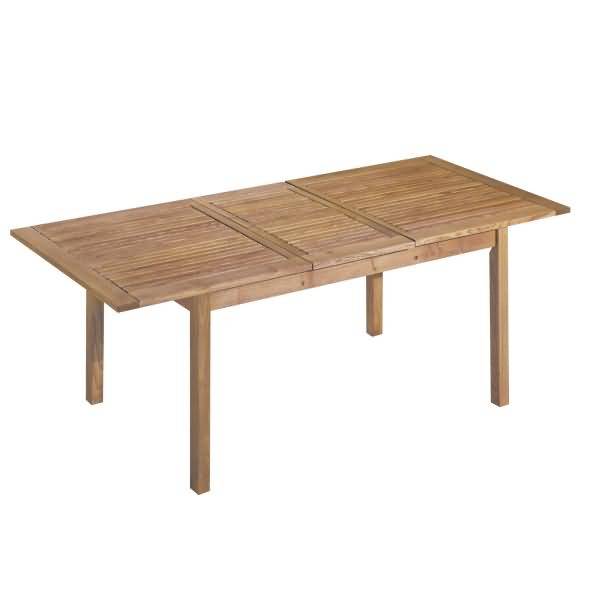 Rechteckiger Holz-Gartenesstisch mit Lamellentop und vier Beinen, auf weißem Hintergrund dargestellt.