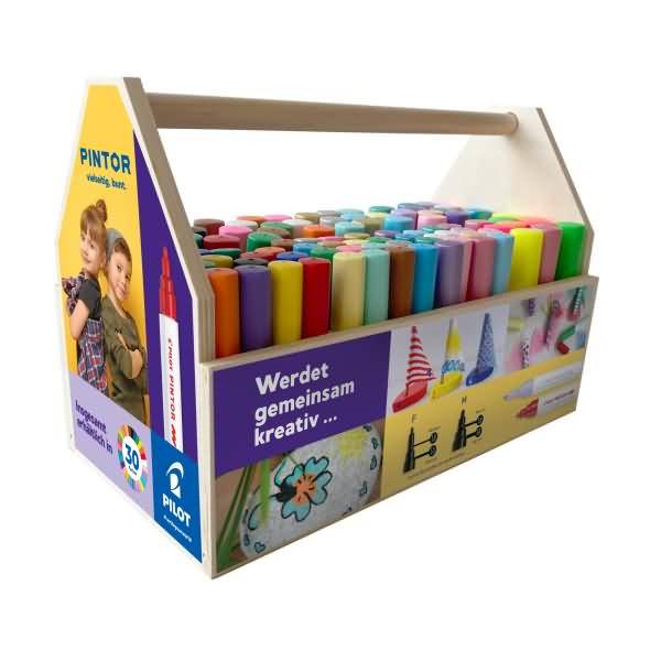 Eine bunte Pappanzeigeboxfull mit sortierten PINTOR-Markern, die Produktbranding und den deutschen Slogan „Werdet gemeinsam kreativ ...