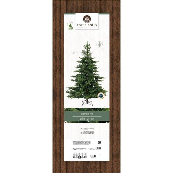 Everlands künstliche Weihnachtsbaumverpackung mit einem vollständigen grünen Baum auf einer weißen Box mit dem Everlands-Logo und Produktdetails.