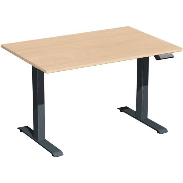 Rechteckiger Schreibtisch aus hellem Holz mit dunklen Metallbeinen auf weißem Hintergrund.