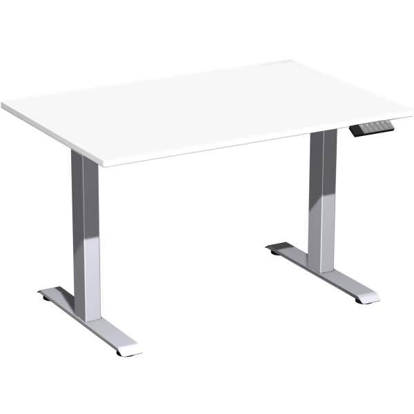 Weißer höhenverstellbarer Stehschreibtisch mit zwei Metallbeinen auf einfachem Hintergrund.