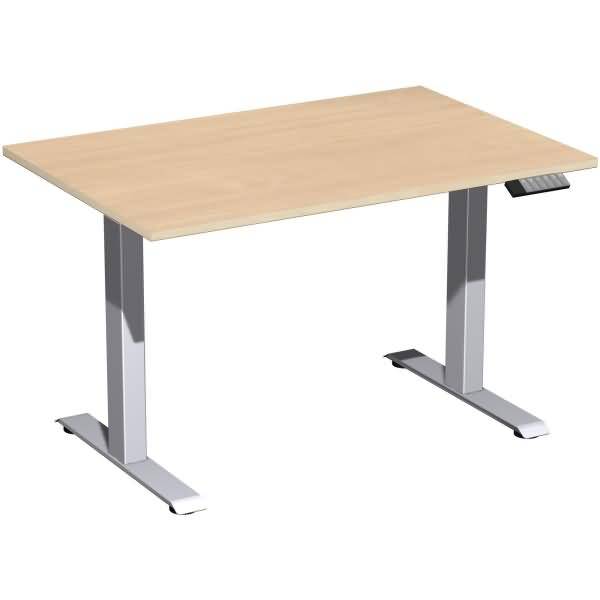 Heller Holzschreibtisch mit Stehfunktion und grauen Metallbeinen auf weißem Hintergrund.