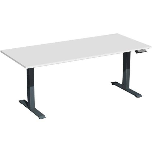 Höhenverstellbarer Schreibtisch im Büro mit weißer Tischplatte und schwarzen Metallbeinen in T-Form, gezeigt auf einem schlichten weißen Hintergrund.