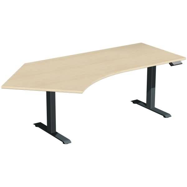 Helles Holz L-förmiger Eckschreibtisch mit schwarzen Metallbeinen auf weißem Hintergrund.