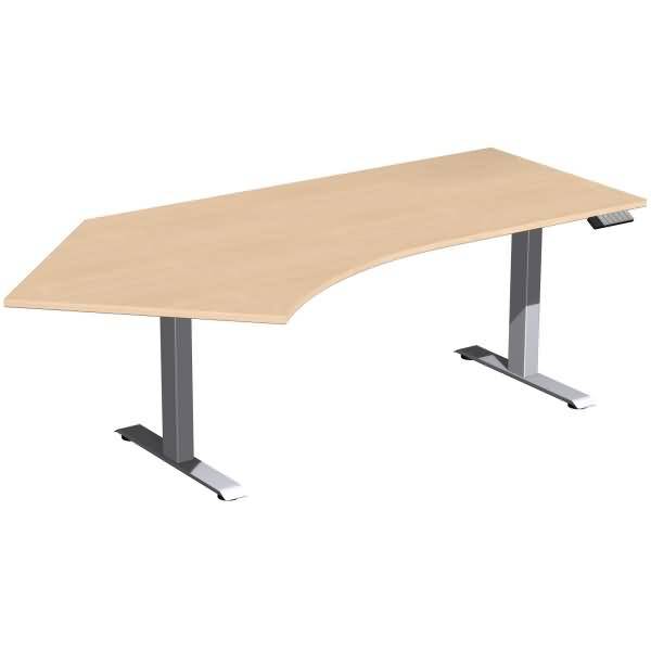 L-förmiger beiger Bürotisch mit zwei grauen Metallbeinen auf weißem Hintergrund.