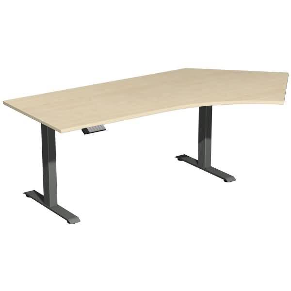 Schreibtisch mit gewölbter Ecke, heller Holzplatte und dunklen Metallbeinen, auf weißem Hintergrund dargestellt.