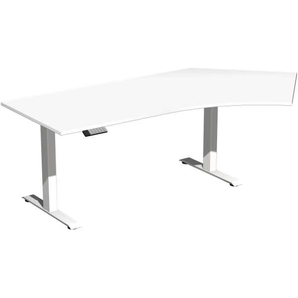 Weißer geschwungener Schreibtisch zum Aufstellen mit zwei Metallbeinen auf weißem, sauberen Hintergrund.