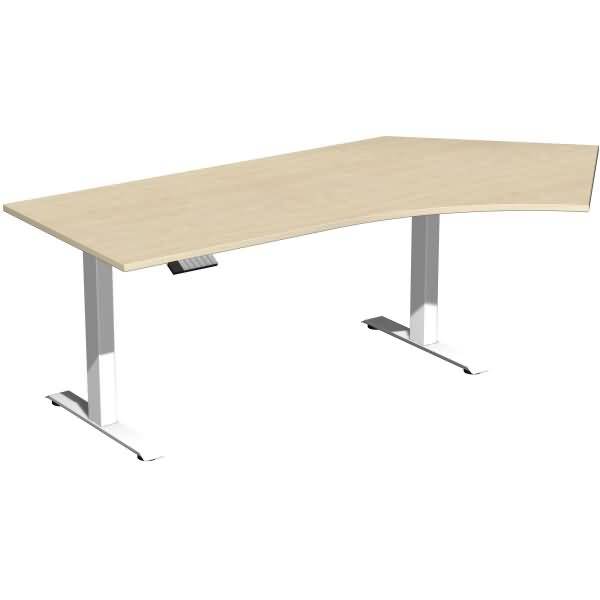 L-förmiger Schreibtisch mit hellem Holzplatte, weißen Beinen und offenem Design auf weißem Hintergrund.