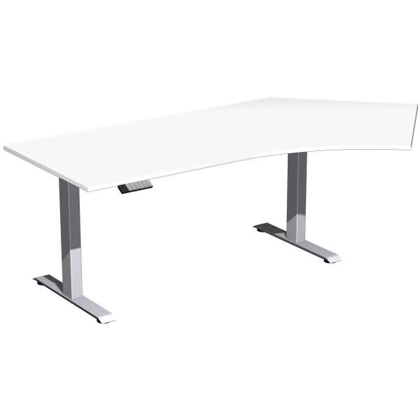 Weißer gebogener Schreibtisch zum Stehen mit zwei Metallbeinen und einer Höhenverstellkurbel oder einem Hebel darunter.