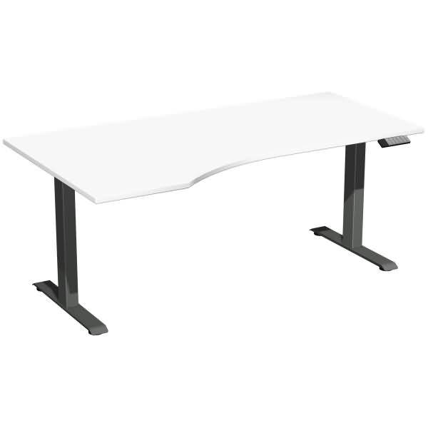 Weißer höhenverstellbarer Schreibtisch mit schwarzen Metallbeinen und einer gerundeten Vorderkante auf einfachem Hintergrund.