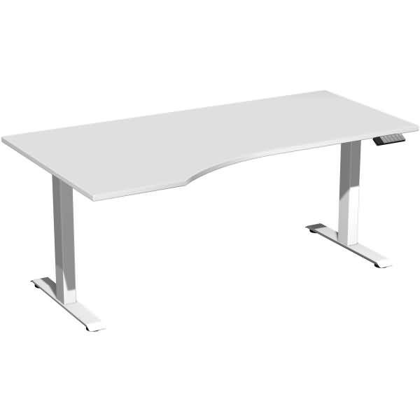Weißer verstellbarer Stehschreibtisch mit abgerundeter Vorderkante und Metallbeinen auf neutralem Hintergrund.