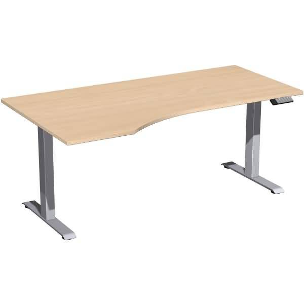 Helles Holz Schreibtisch für das Büro mit verstellbarer Höhe, gebogener Vorderkante und zwei silbernen Metallbeinen auf weißem Hintergrund.