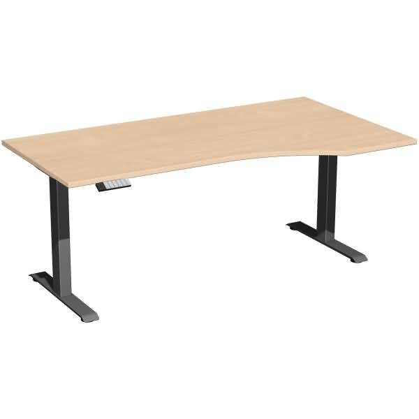 Minimalistischer rechteckiger Schreibtisch mit einer hellen Holzplatte und schwarzen Metallbeinen in T-Form, dargestellt auf weißem Hintergrund.