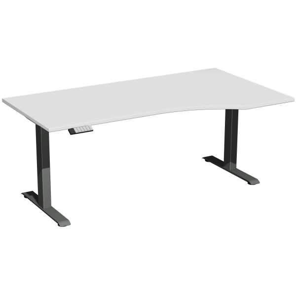 Weißer verstellbarer Stehschreibtisch mit schwarzen T-Beinen auf neutralem Hintergrund.