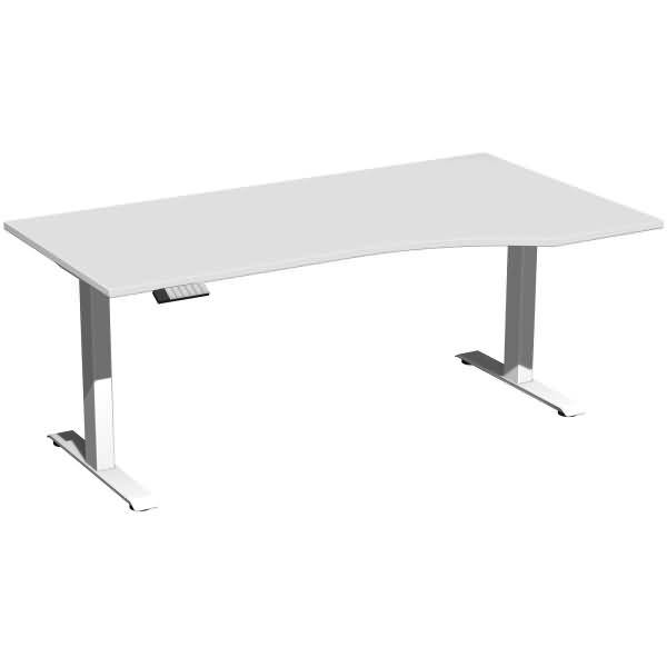 Weißer höhenverstellbarer Schreibtisch mit gebogener rechteckiger Tischplatte und Metallbeinen auf einfachem weißem Hintergrund.