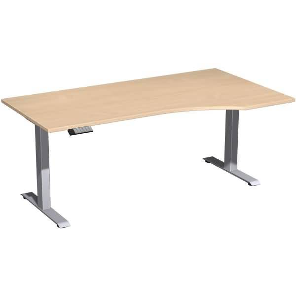 Leichtes Holz-Schreibtisch mit rechteckiger Form und grauen Metallbeinen auf weißem Hintergrund.