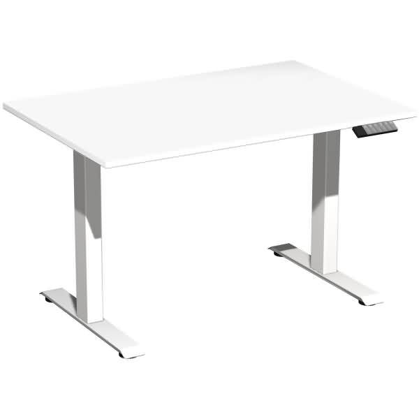 Minimalistischer weißer Stehschreibtisch mit zwei Metallbeinen und abgewinkelten Füßen auf neutralem Hintergrund.