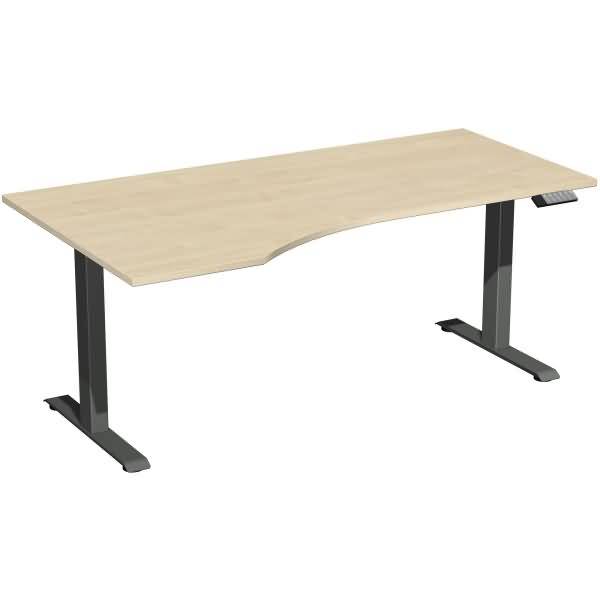 Schreibtisch aus hellem Holz mit dunklen Metallgestell in T-Form, auf weißem Hintergrund dargestellt.